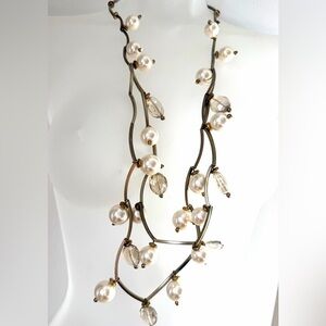 Statement Faux Pearl and Crystal 2 strand Necklace JS markings